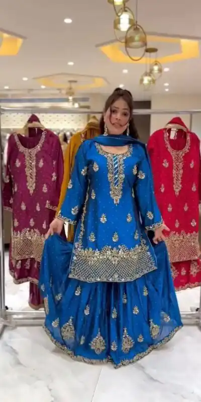 Blue Chinon Silk Embroidery Work Salwar Suit