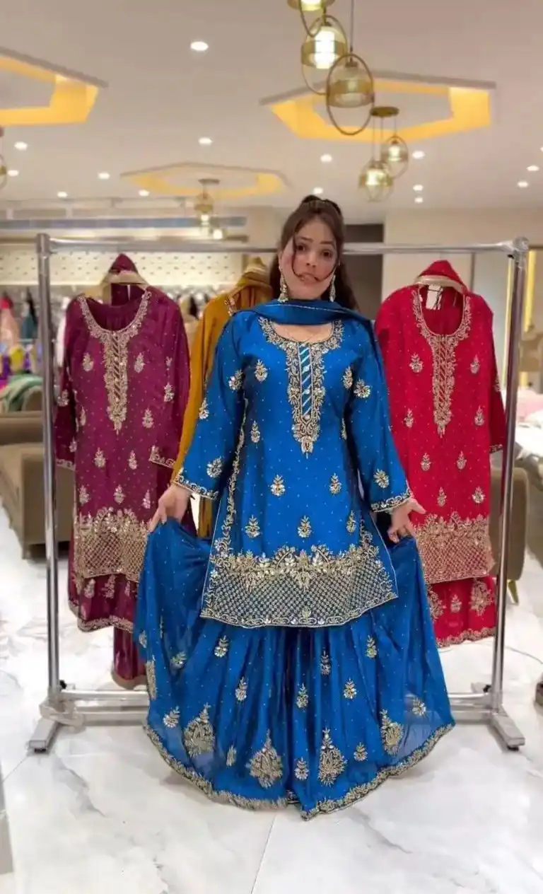 Blue Chinon Silk Embroidery Work Salwar Suit