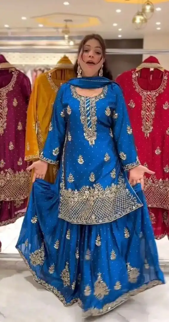 Blue Chinon Silk Embroidery Work Salwar Suit - Image 2