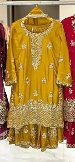 Mustered Chinon Silk Embroidery Work Salwar Suit