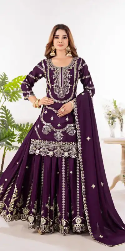 Wine Chinon Silk Embroider Lace Work Salwar Suit