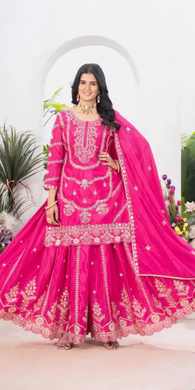 Rani Pink Chinon Silk Embroider Lace Work Salwar Suit