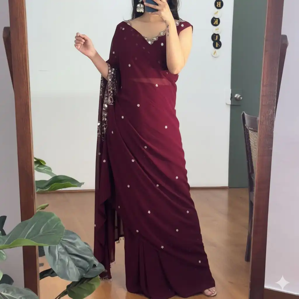 Wine Faux Georgette Mirror Embroidery Work Saree