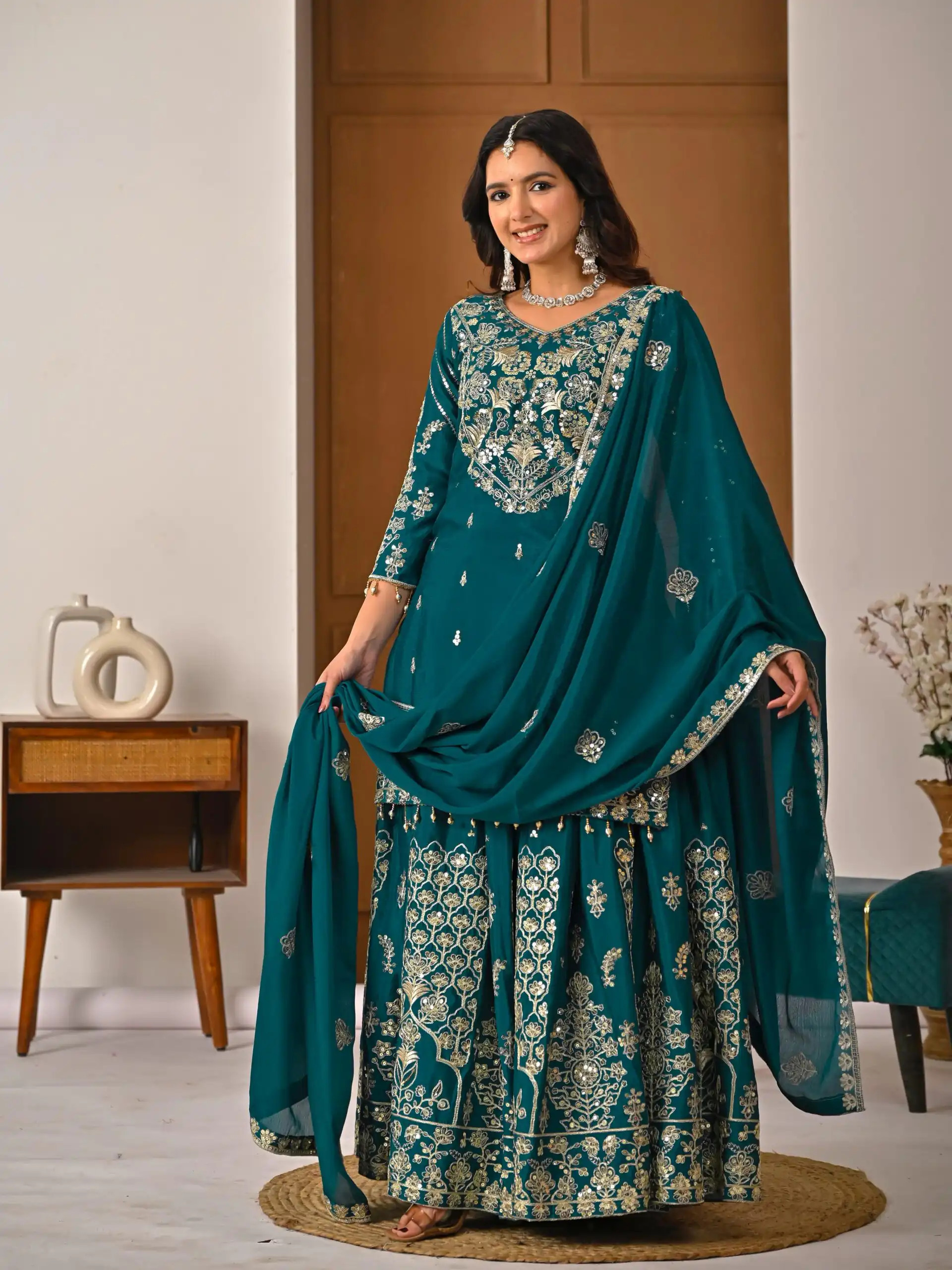 Teal Chinon Silk Embroidery Zari Work Lehenga Choli - Image 6