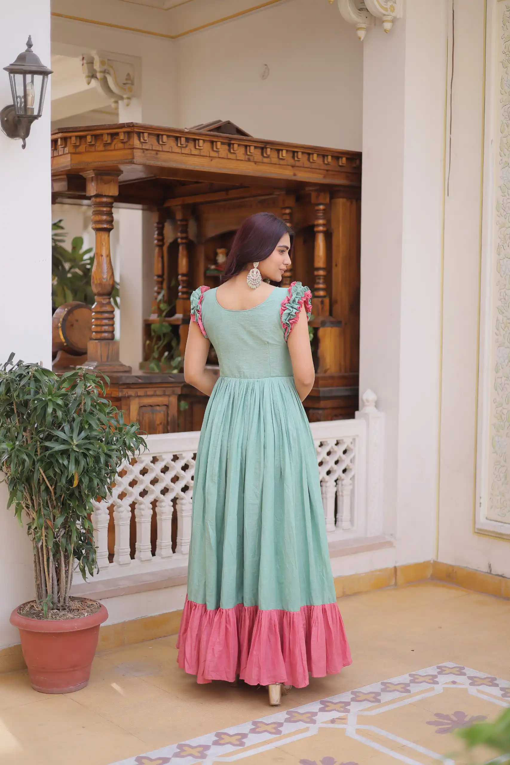 Sea Green Cotton Sequins Embroidery Work Gown - Image 4
