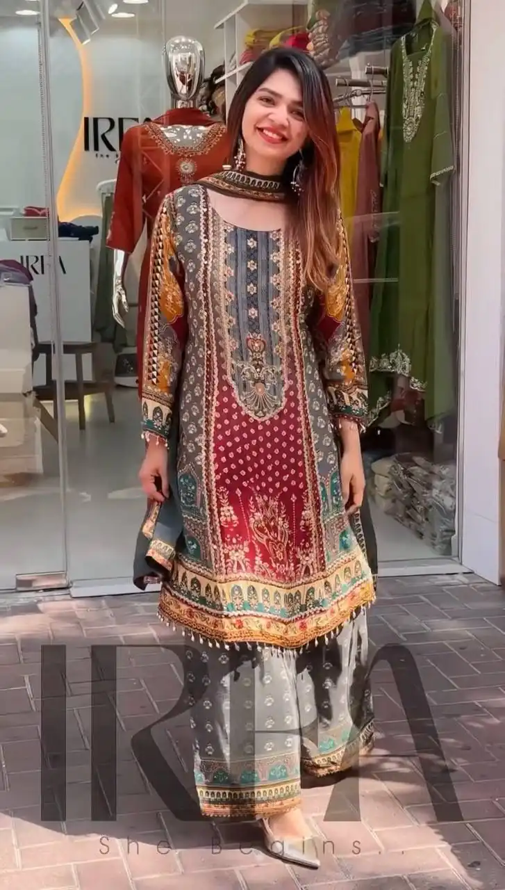 Grey Faux Georgette Mirror Work Print Salwar Suit - Image 3