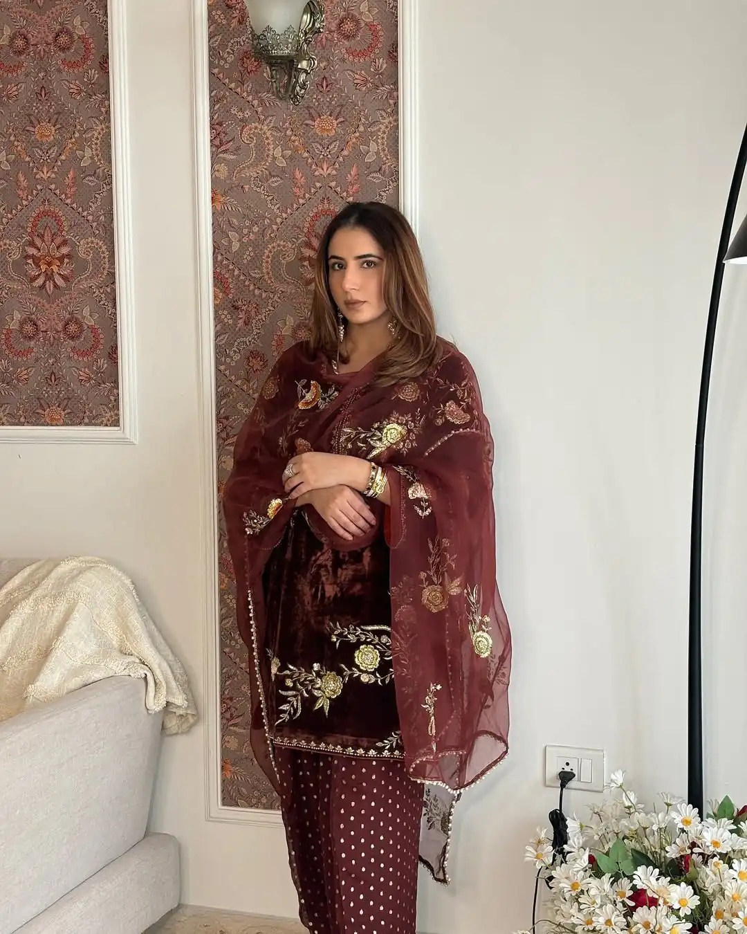 Brown Viscose Velvet Embroidery Work Salwar Suit - Image 4