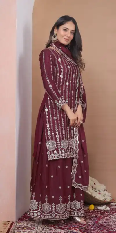 Maroon Natural Crap Embroidery Work Salwar Suit