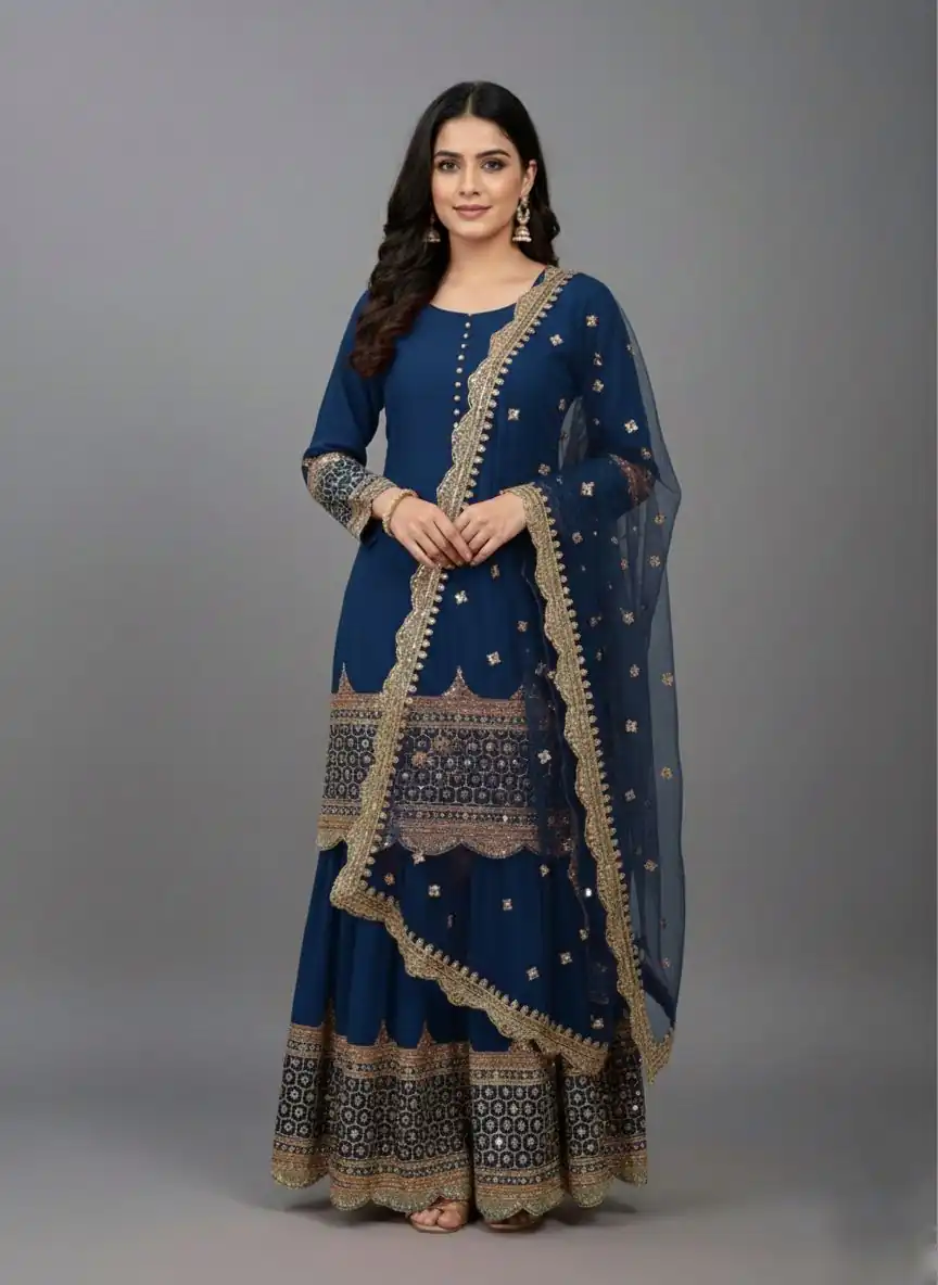 Navy Blue Faux Georgette Embroider Salwar Suit