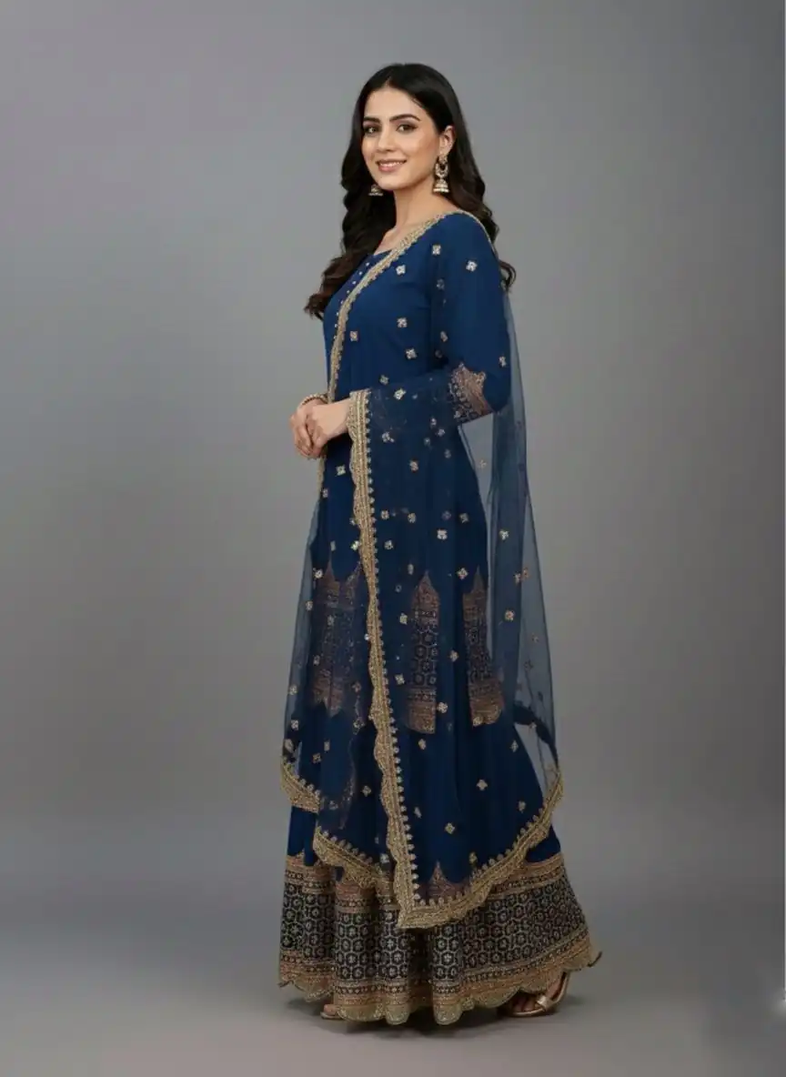 Navy Blue Faux Georgette Embroider Salwar Suit - Image 3