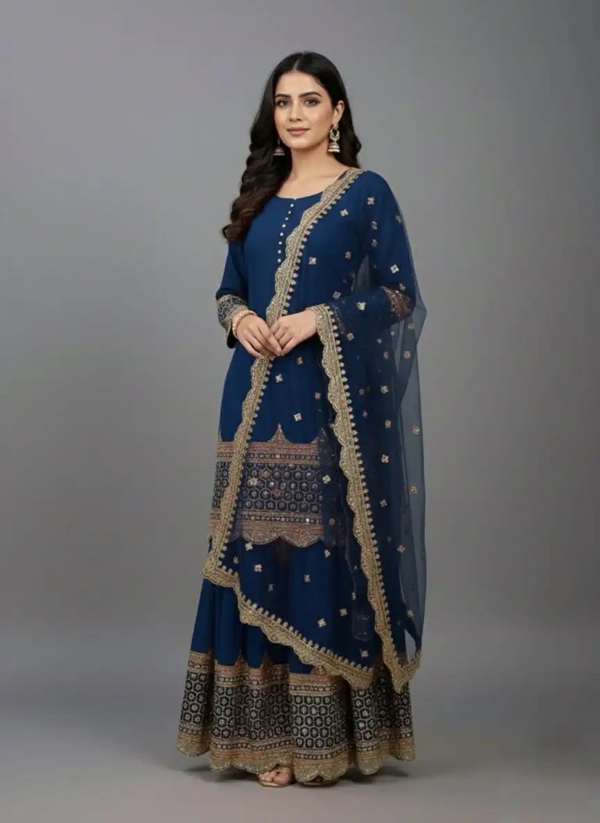 Navy Blue Faux Georgette Embroider Salwar Suit - Image 4