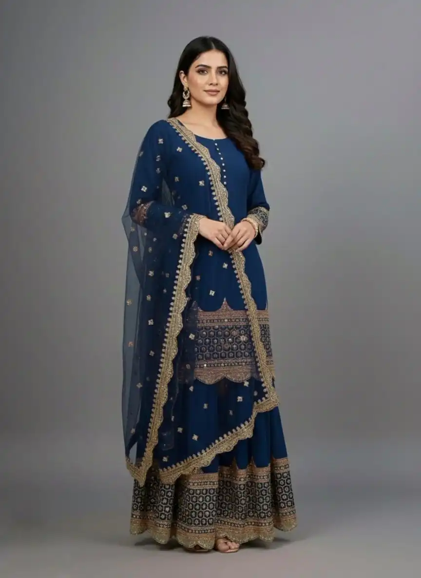 Navy Blue Faux Georgette Embroider Salwar Suit - Image 5