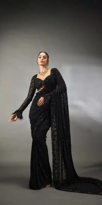 Black Faux Georgette Multi Embroider Work Saree
