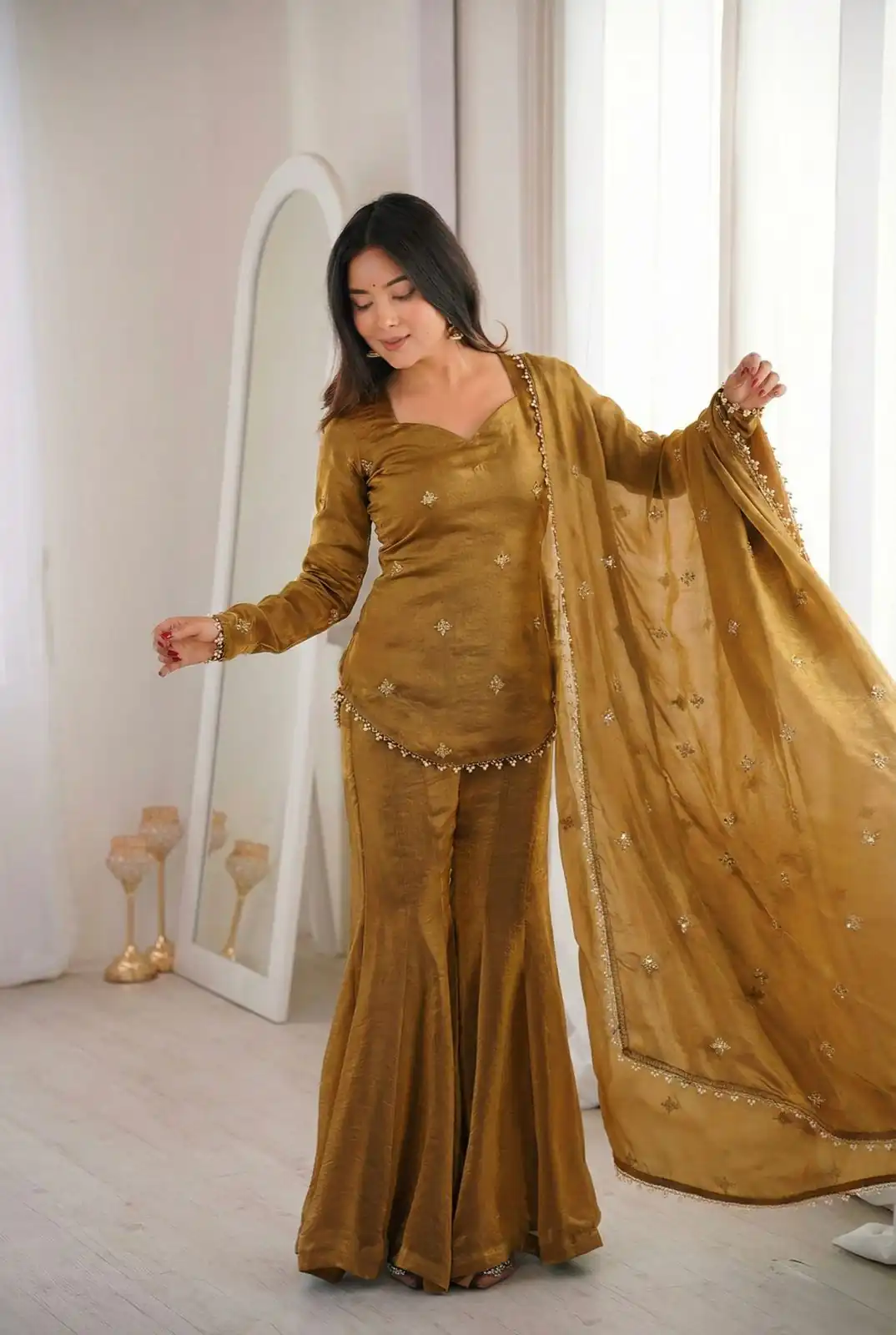 Mustered Fendy Silk Embroidery Lace Work Salwar Suit - Image 5