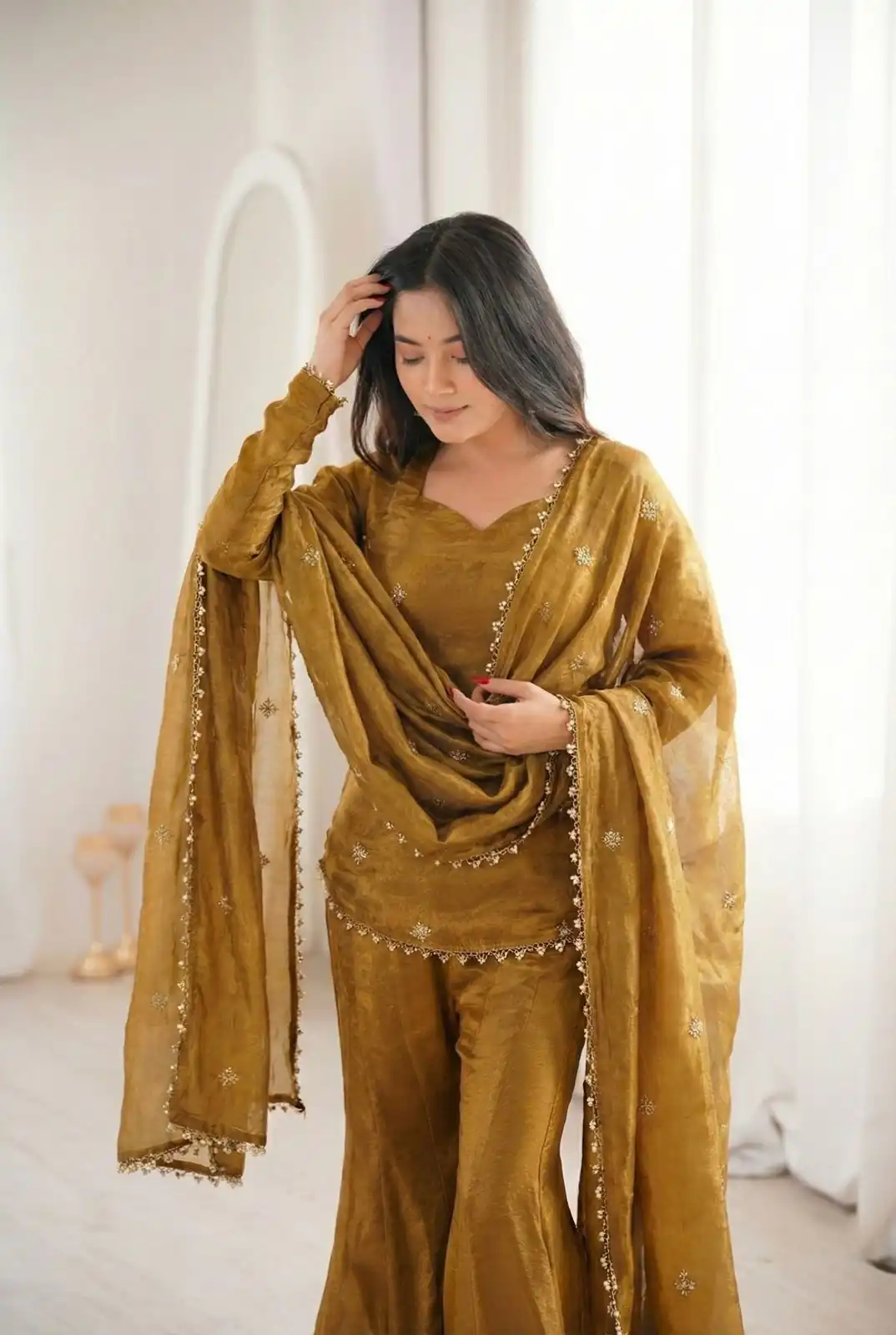 Mustered Fendy Silk Embroidery Lace Work Salwar Suit - Image 10