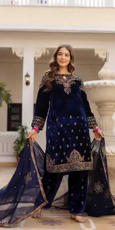 Navy Blue 9000 Velvet Embroider Lace Work Salwar Suit