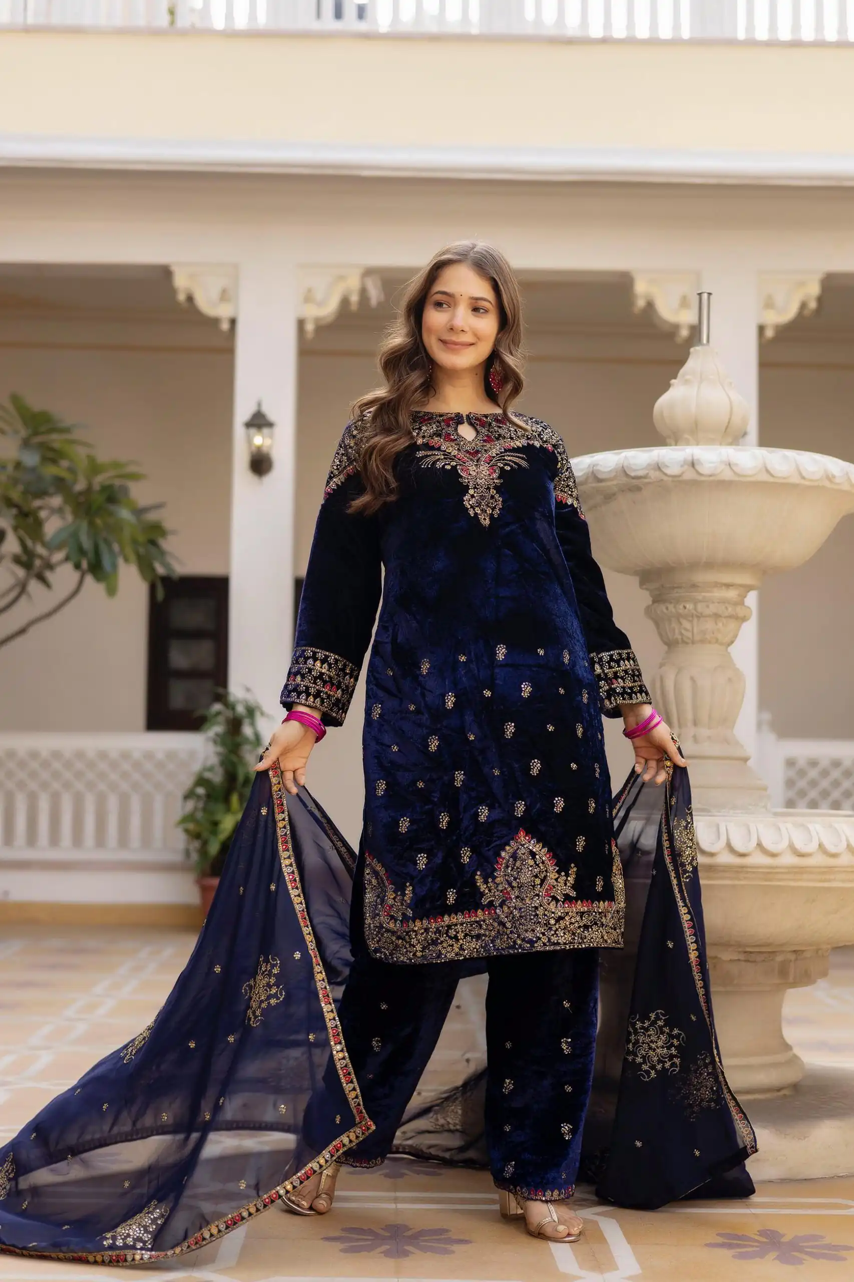 Navy Blue 9000 Velvet Embroider Lace Work Salwar Suit