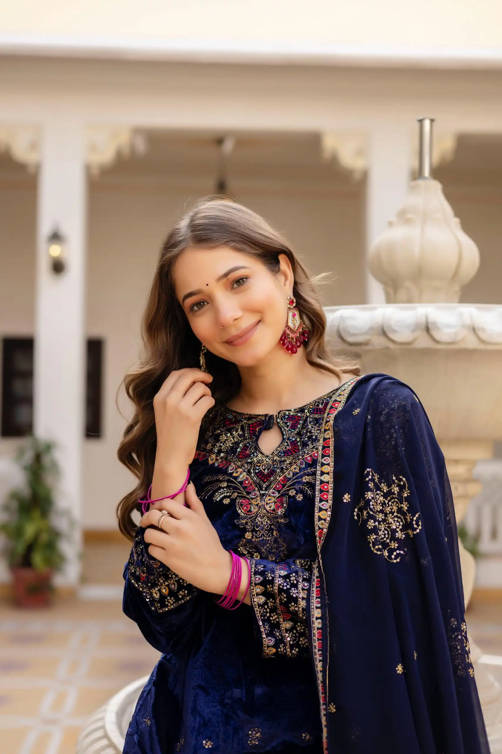 Navy Blue 9000 Velvet Embroider Lace Work Salwar Suit - Image 5