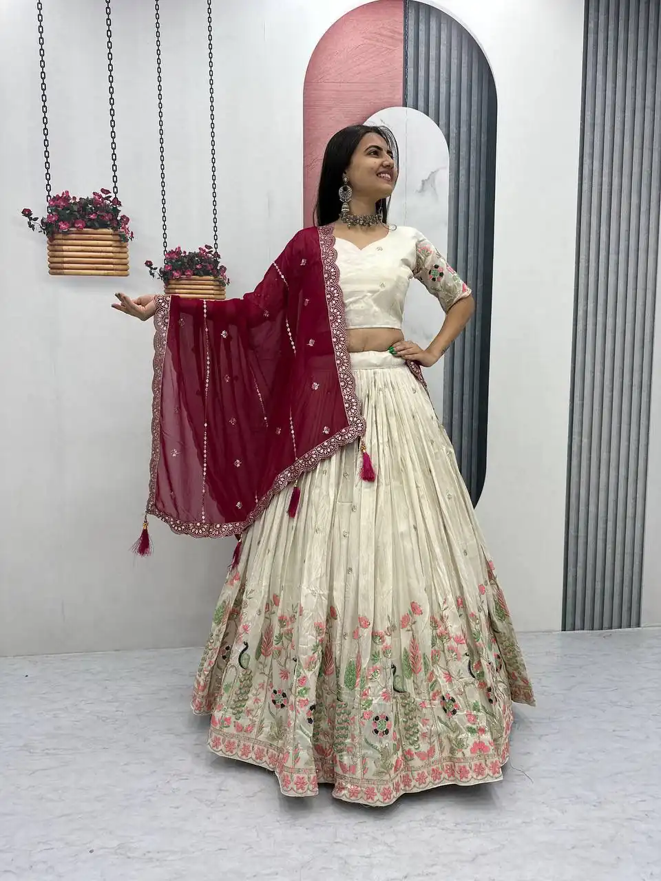 Red Tissue Silk Lace Thread Work Lehenga Choli - Image 2