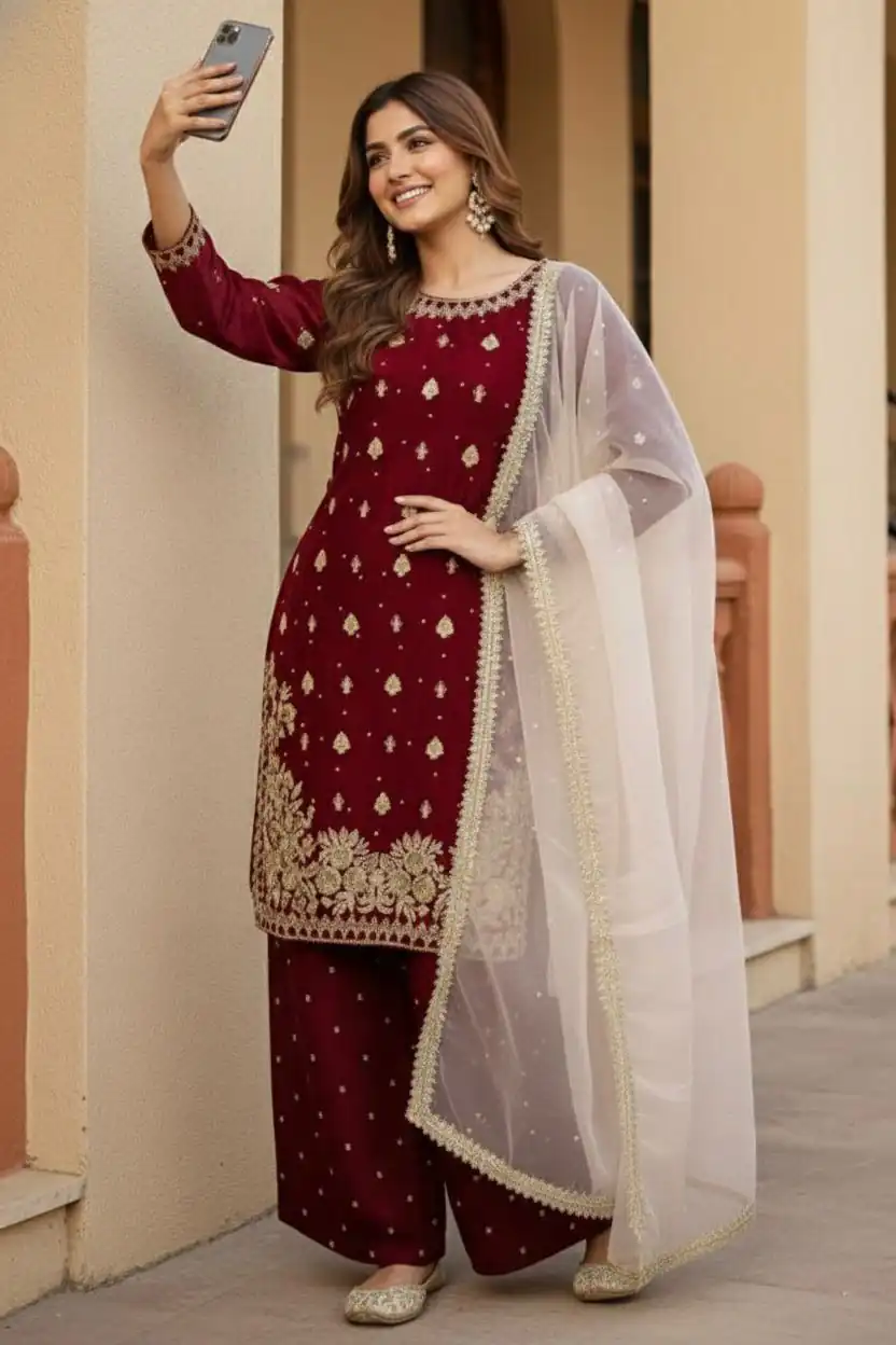 Maroon Zimmy Silk Embroider Work Salwar Suit