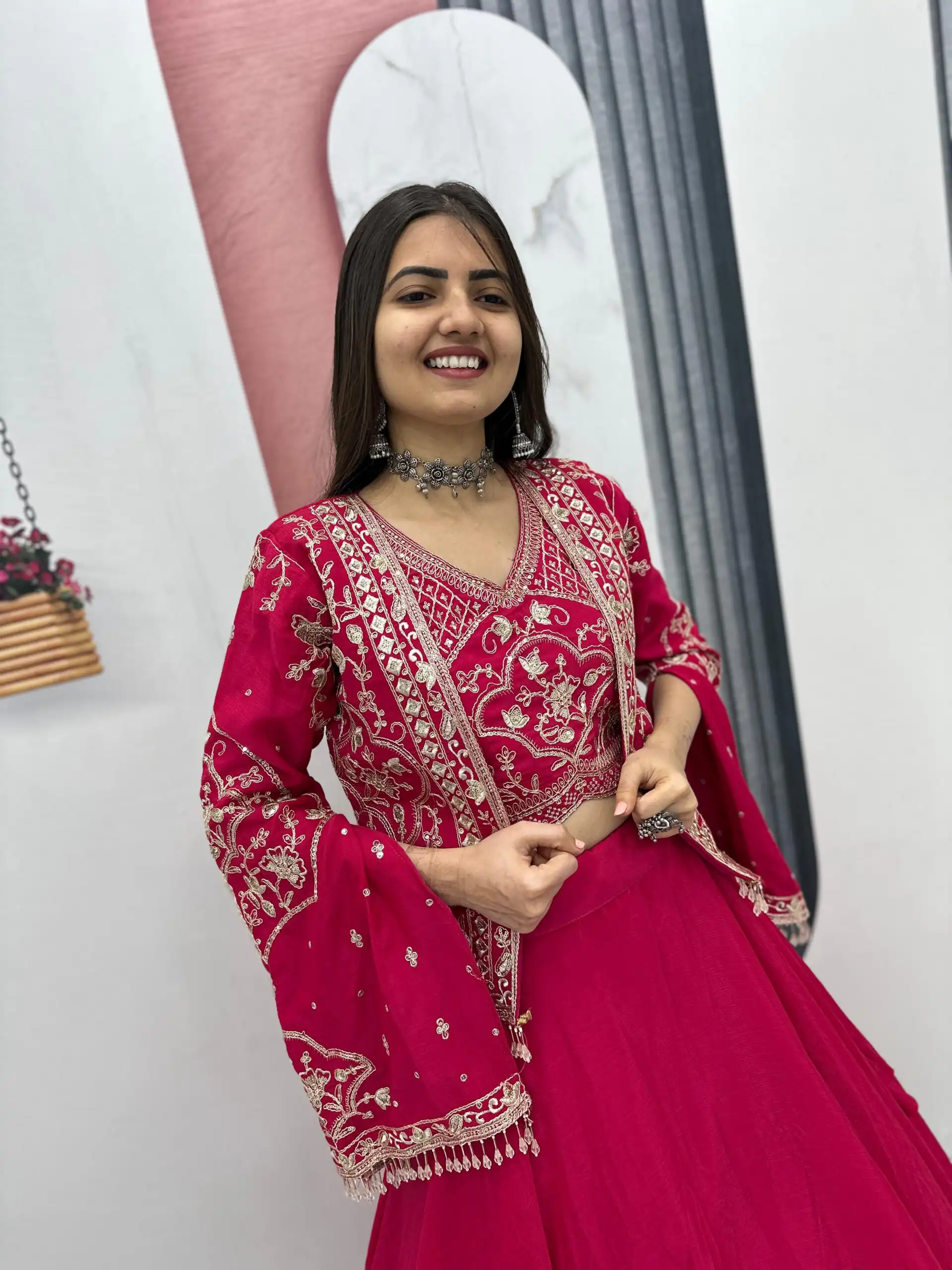 Pink Chinon Silk Thread Work Lehenga Choli - Image 3