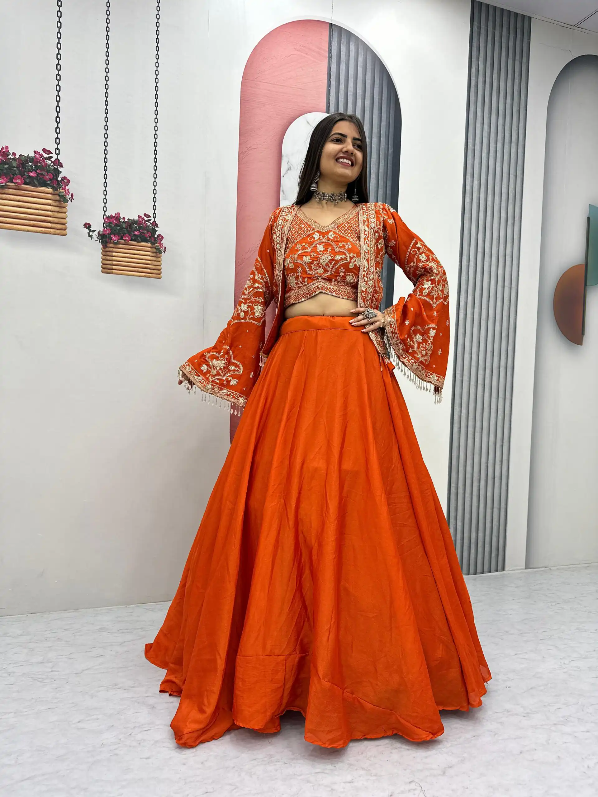 Orange Chinon Silk Thread Work Lehenga Choli