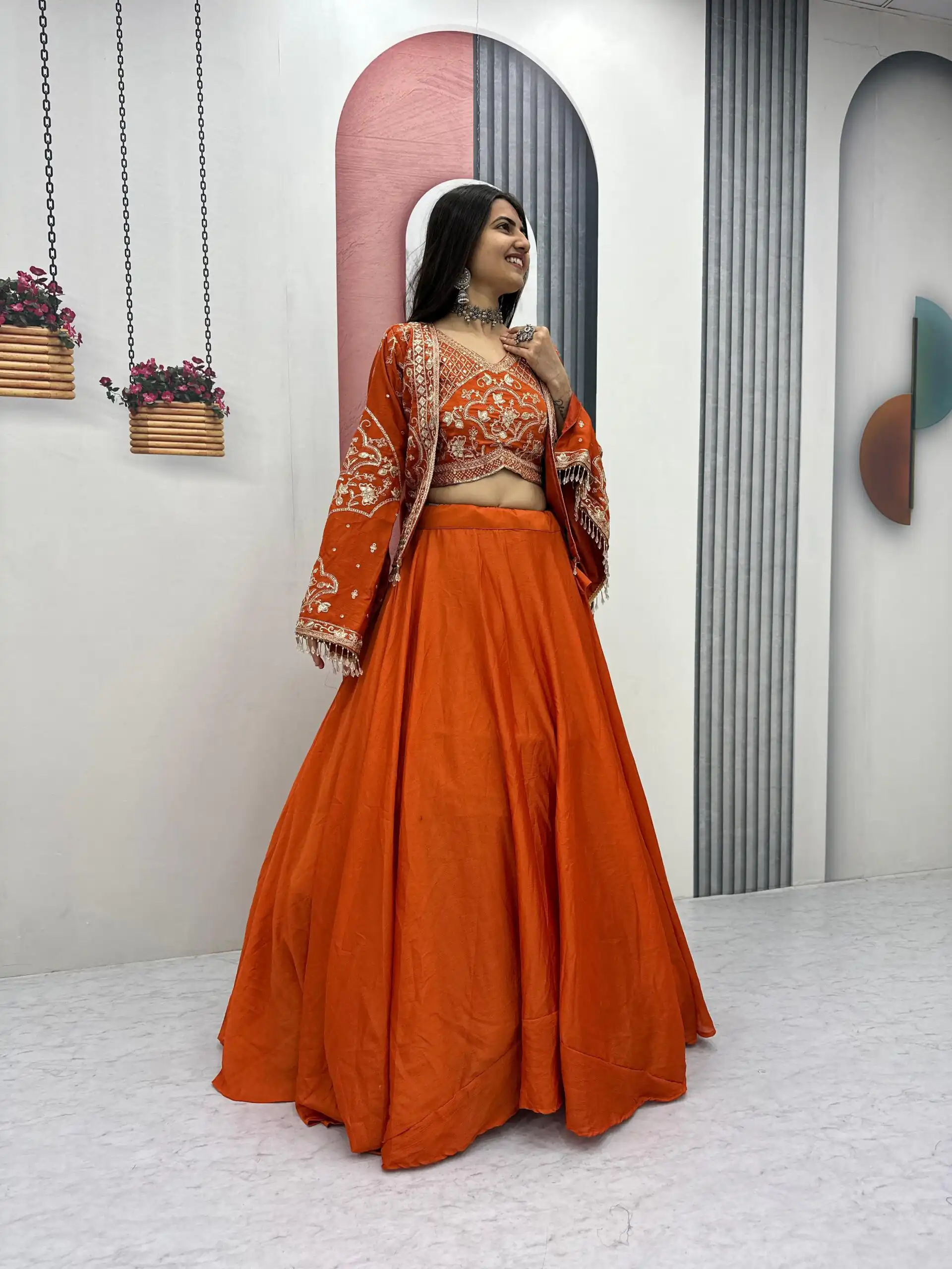 Orange Chinon Silk Thread Work Lehenga Choli - Image 4