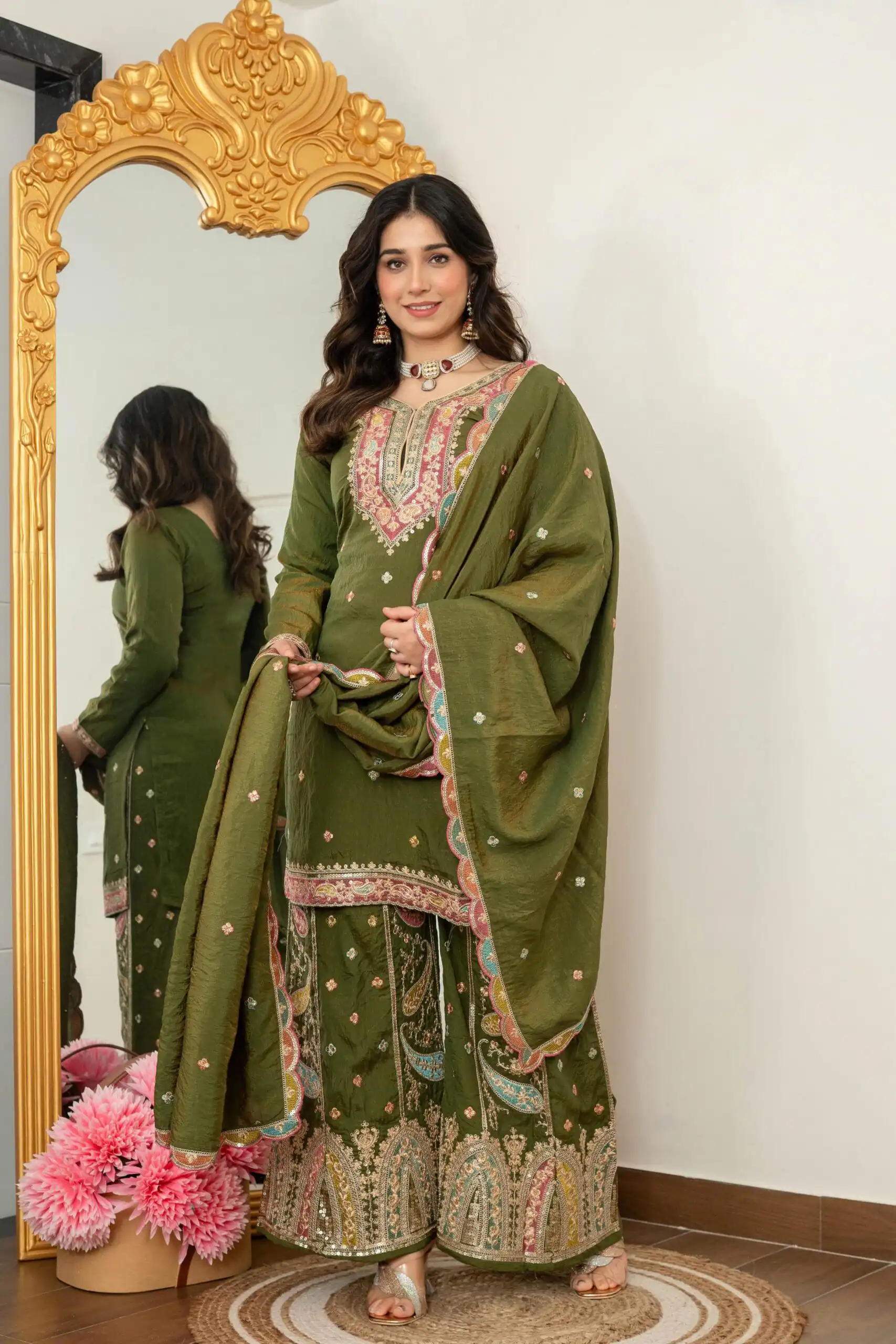 Mehendi Vichitra Silk Embroider Work Salwar Suit - Image 5