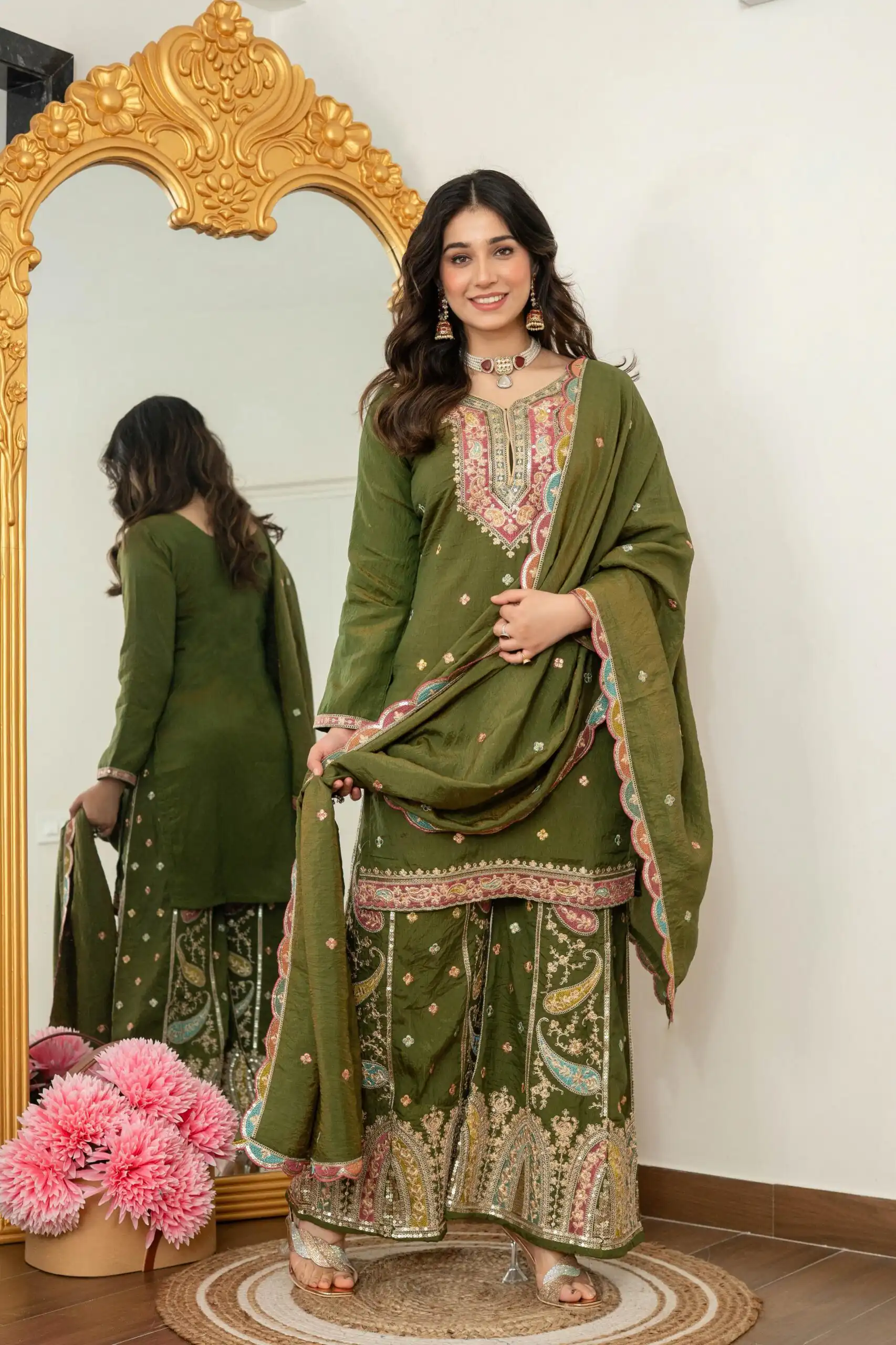 Mehendi Vichitra Silk Embroider Work Salwar Suit - Image 6