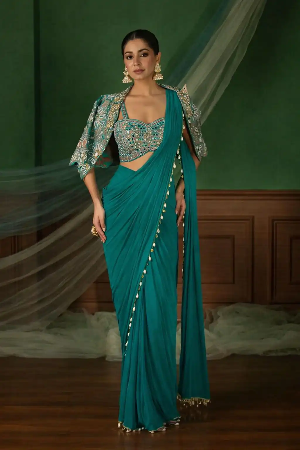 Firozi Crap Silk Embroidery Lace Work Saree