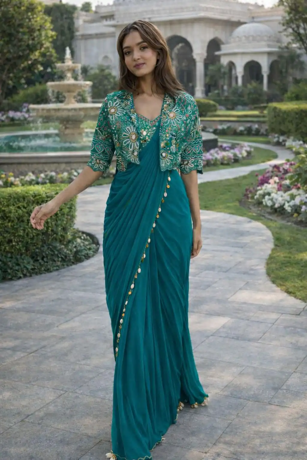 Firozi Crap Silk Embroidery Lace Work Saree - Image 3