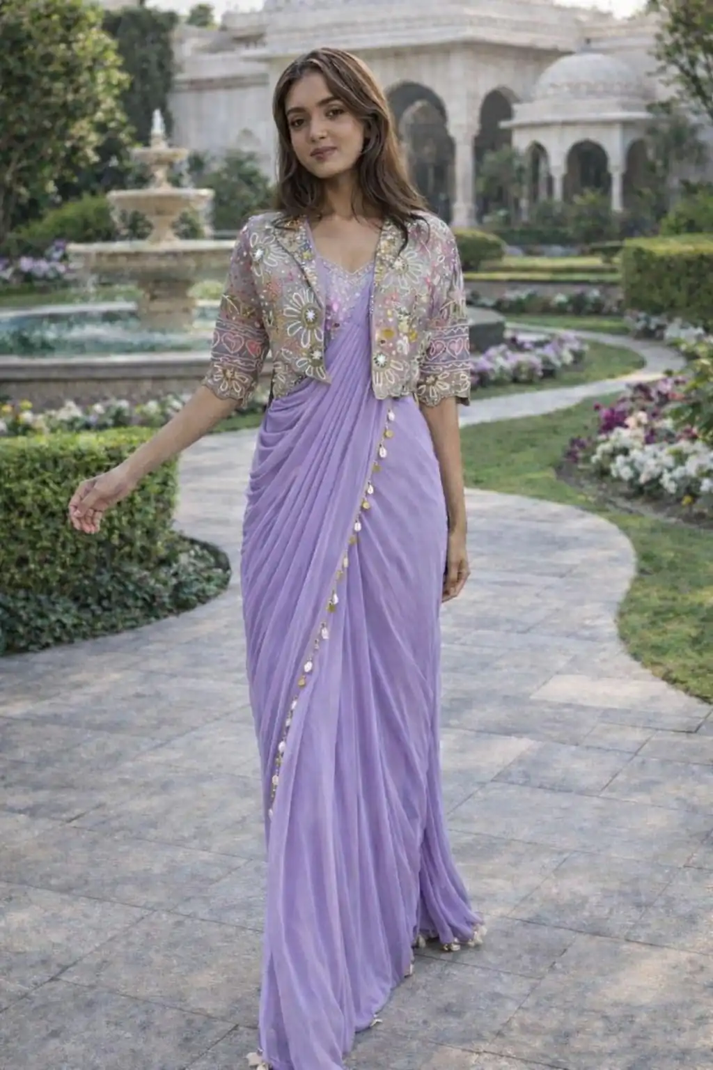 Lavender Crap Silk Embroidery Lace Work Saree - Image 4