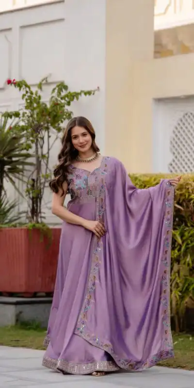 Lavender Vichitra Silk Embroider Work Gown