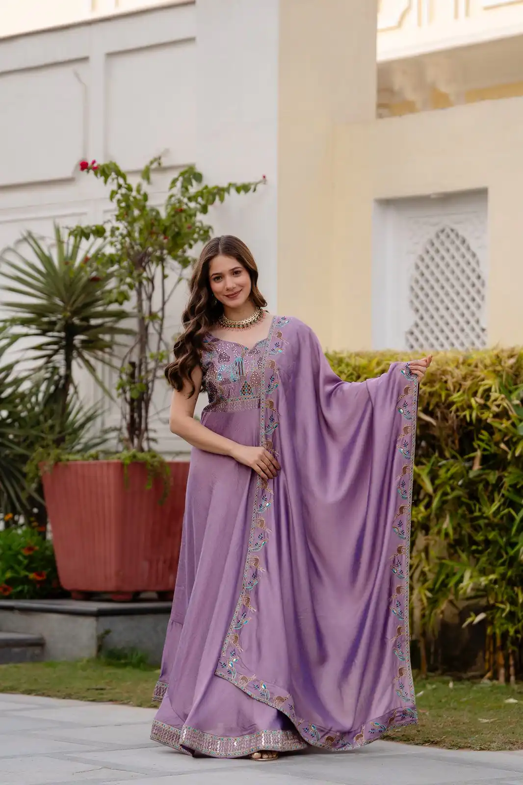 Lavender Vichitra Silk Embroider Work Gown