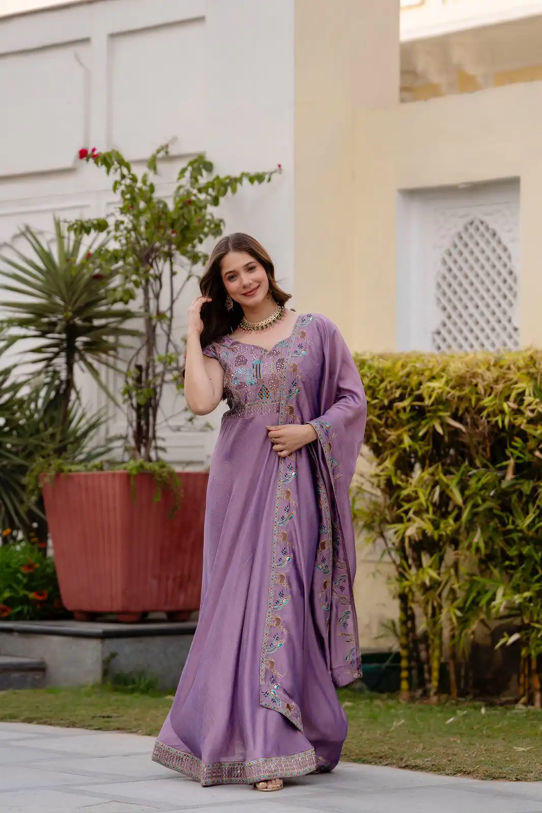 Lavender Vichitra Silk Embroider Work Gown - Image 3