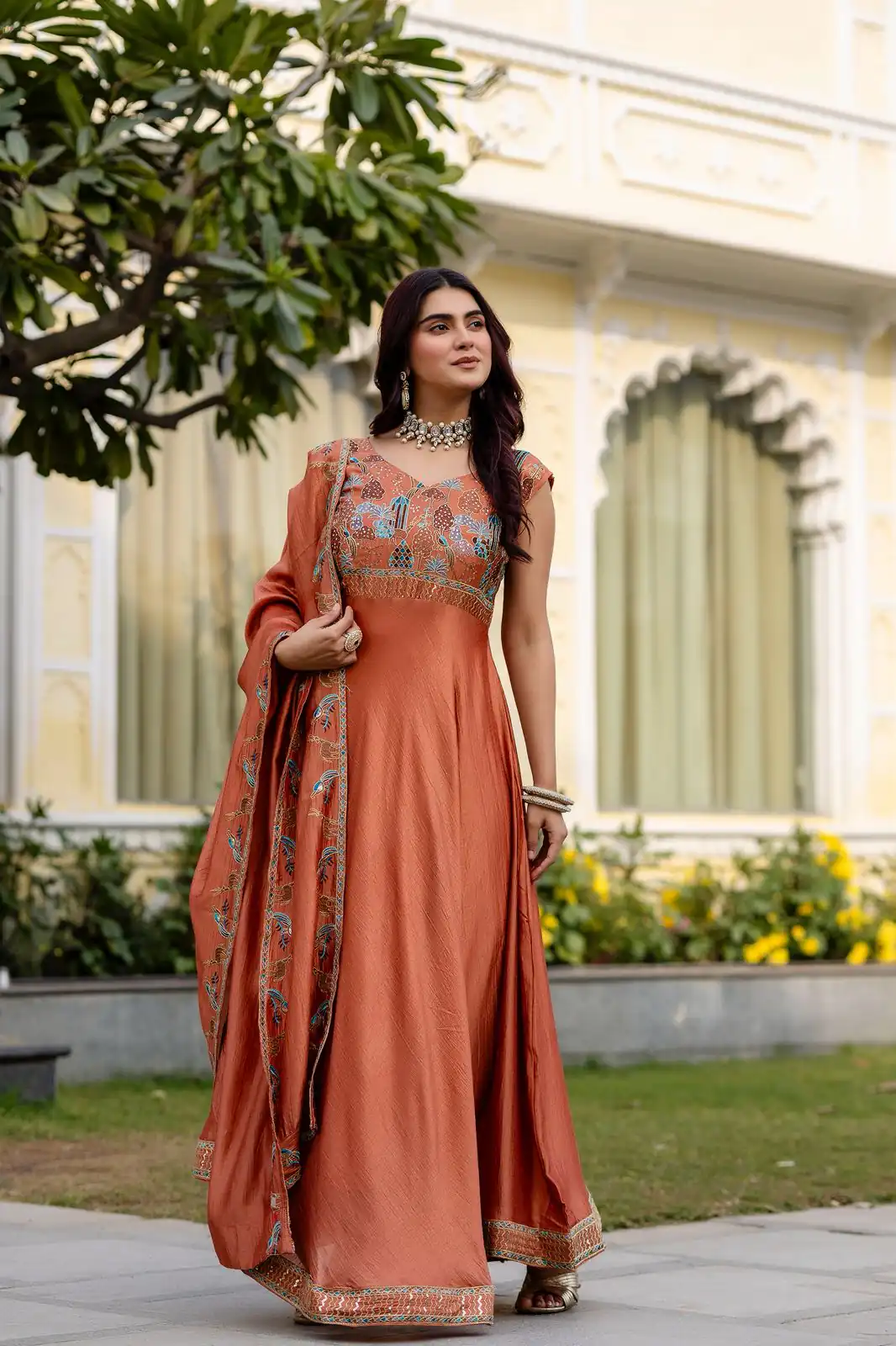 Rust Vichitra Silk Embroider Work Gown