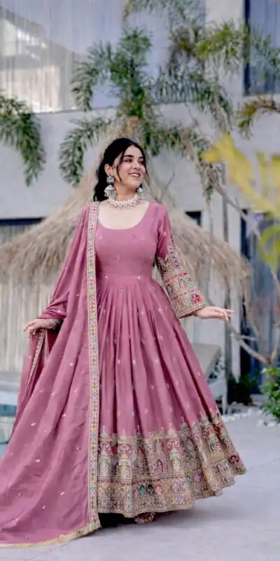 Lavender Chinon Silk Coding Dori Sequence Work Gown