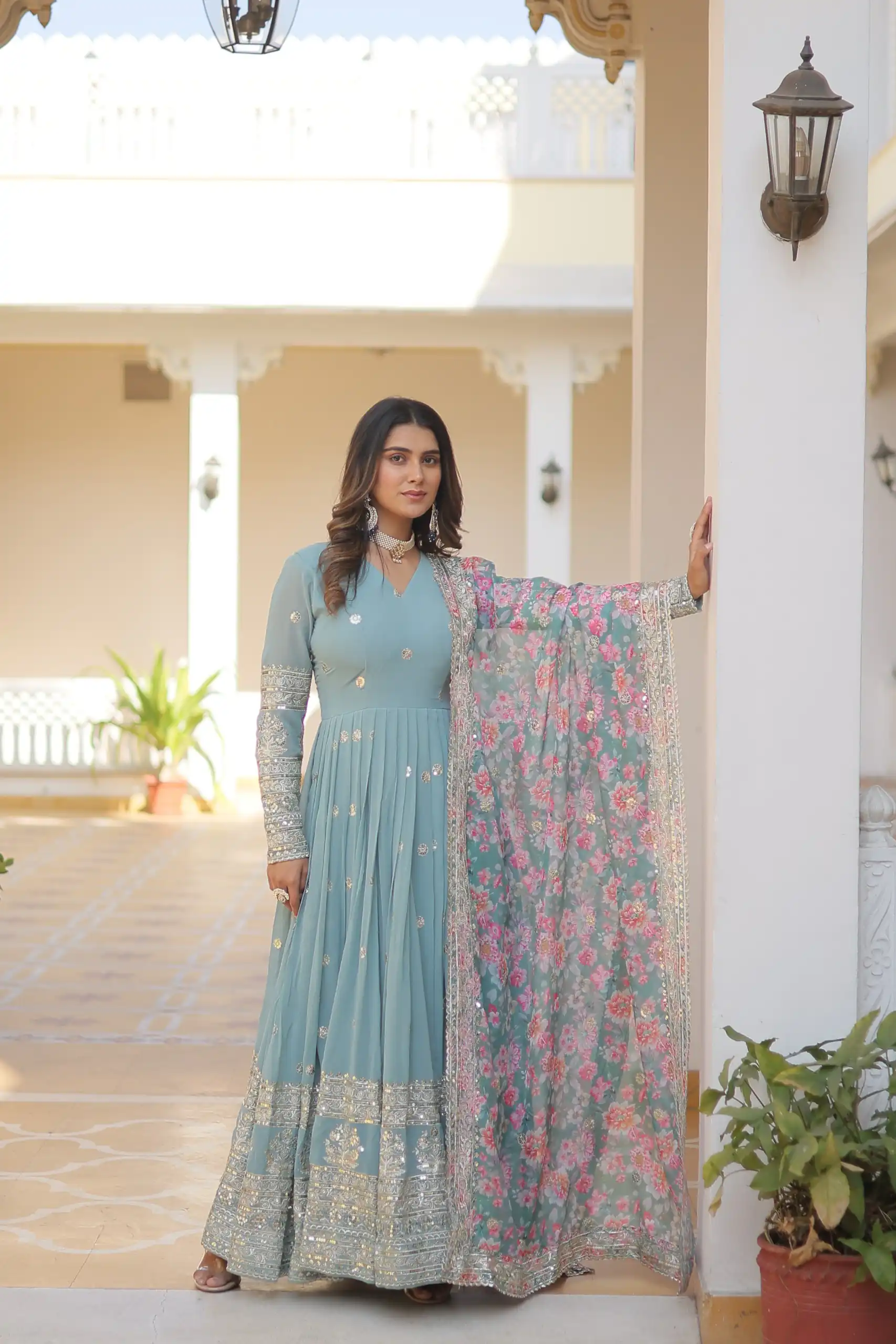 Sky Blue Faux Georgette With Embroidery Work Gown - Image 3