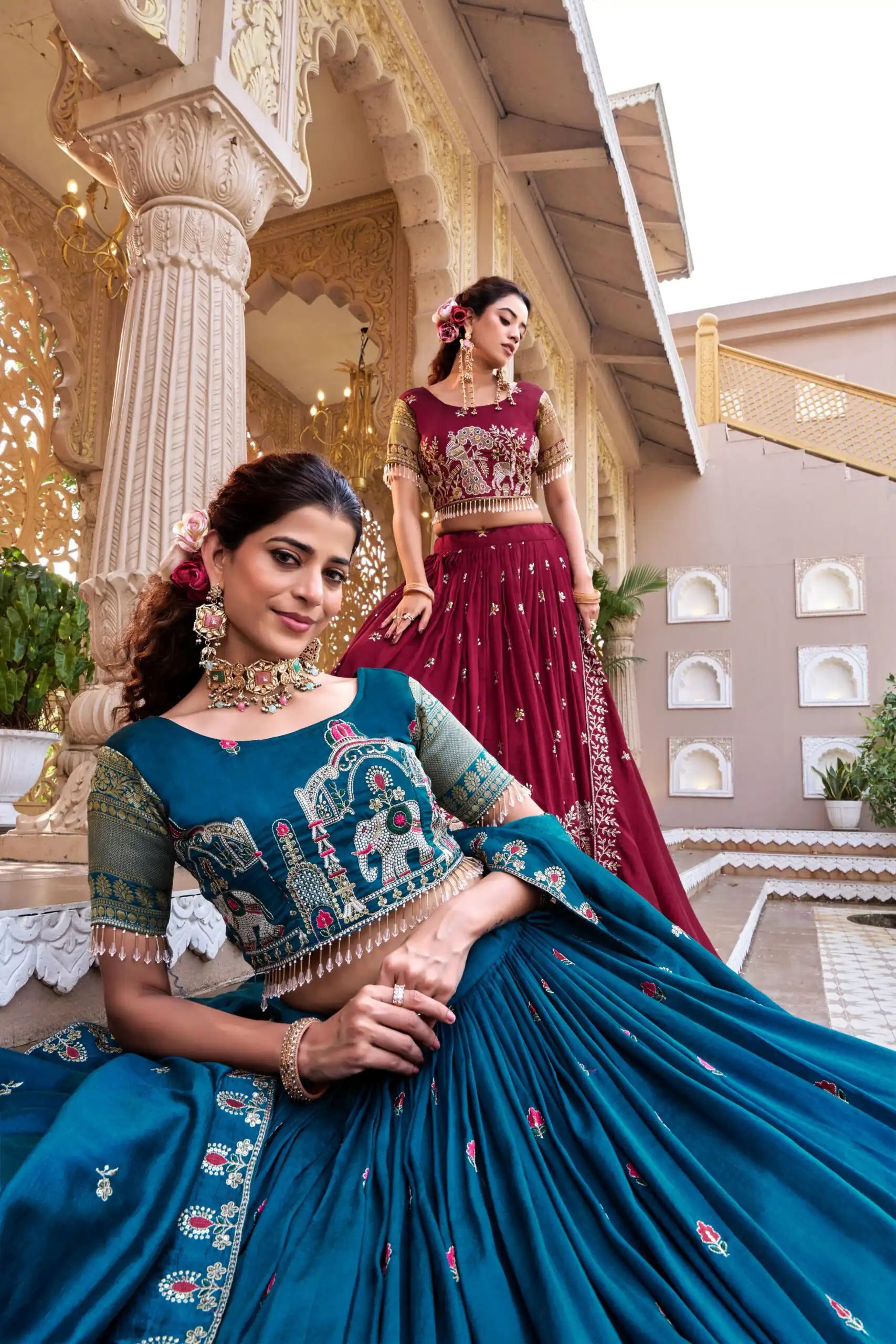 Special Teal Vichitra Silk Thread Work Lehenga Choli - Image 6