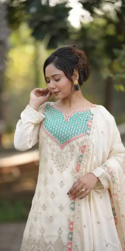 WW G 6000 Off White Viscous Chinon Salwar Suit with Lace Work & Embroidery Work. Exclusive Offer ₹2499. Delivery 4-6 Working Days. Shop now. | Jump Suits, Salwar suit, Casual Suits, Creative suits, Designer Suits, Palazzo Suits, Party Wear Suits, Patiala Suits, Straight Suits