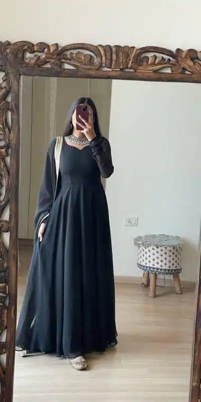 FB L226 Black Faux Georgette Gown Perfect for Wedding, Party, Makar Sankranti, Karwa Chauth, Ethnic Day – . Now at just ₹1799. Delivery 4-6 Working D | Gowns, Bollywood Gowns, Creative Gowns, Designer Gowns, Embroidered Gowns, Party Wear Gowns