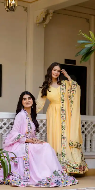 RR 41 Pink Faux Georgette Gown Perfect for Wedding, Party, Makar Sankranti, Karwa Chauth, Ethnic Day – . Now at just ₹2599. Delivery 4-6 Working D | Gowns, Bollywood Gowns, Creative Gowns, Designer Gowns, Embroidered Gowns, Party Wear Gowns