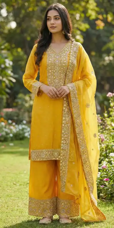 JF 040 Yellow Fendy Silk Salwar Suitwith Embroidery Work & Lace Work. Now at just ₹2049. Delivery 4-6 Working Days. Shop now. | Jump Suits, Salwar suit, Casual Suits, Creative suits, Designer Suits, Palazzo Suits, Party Wear Suits, Patiala Suits, Straight Suits