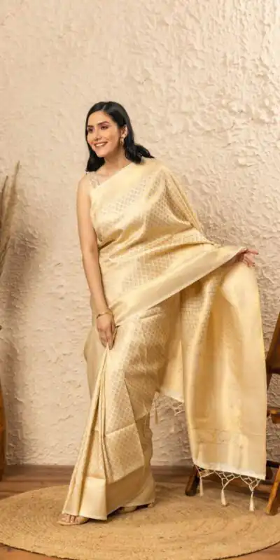 KPR 073 Off White Soft Lichi Silk Saree Perfect for Wedding, Party, Reception, Diwali, Ethnic Day – . Affordable Price ₹1299. Delivery 4-6 Working Days. | Sarees, Bollywood Sarees, Creative Sarees, Designer Sarees, Embroidered Sarees, Ethnic Saree, Modern Digital sarees, Party Wear Sarees