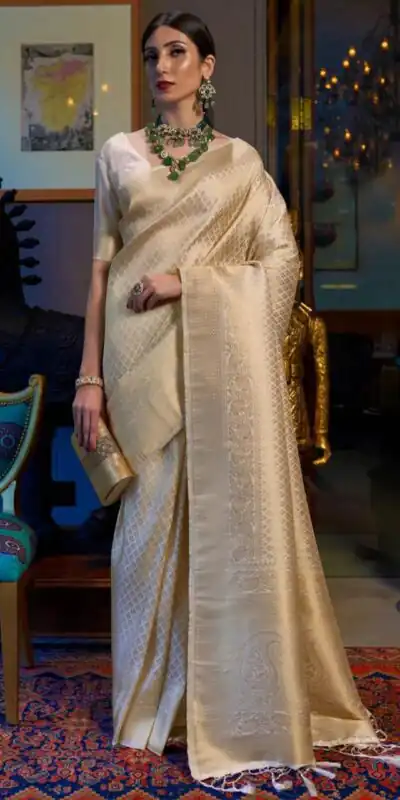 KPR 073 Off White Soft Lichi Silk Saree Perfect for Wedding, Party, Reception, Diwali, Ethnic Day – . Affordable Price ₹1299. Delivery 4-6 Working Days. | Sarees, Bollywood Sarees, Creative Sarees, Designer Sarees, Embroidered Sarees, Ethnic Saree, Modern Digital sarees, Party Wear Sarees