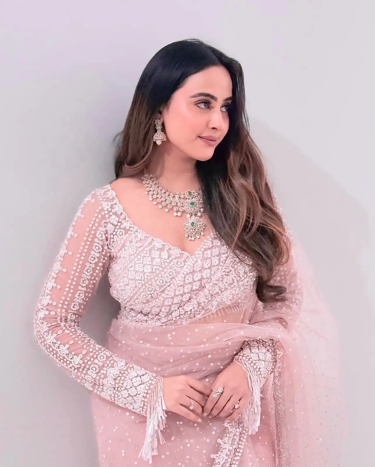 Baby Pink Soft Net Sequins Work Saree - Image 3