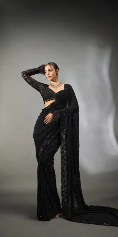 DF 3474 Black Faux Georgette Saree Perfect for Wedding, Party, Bridal Wear, Baisakhi, Raksha Bandhan –. Introductory Price ₹1799. Delivery 4-6 Workin | Sarees, Bollywood Sarees, Creative Sarees, Designer Sarees, Embroidered Sarees, Ethnic Saree, Modern Digital sarees, Party Wear Sarees
