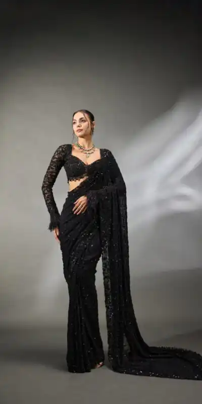 DF 3474 Black Faux Georgette Saree Perfect for Wedding, Party, Bridal Wear, Baisakhi, Raksha Bandhan –. Introductory Price ₹1799. Delivery 4-6 Workin | Sarees, Bollywood Sarees, Creative Sarees, Designer Sarees, Embroidered Sarees, Ethnic Saree, Modern Digital sarees, Party Wear Sarees