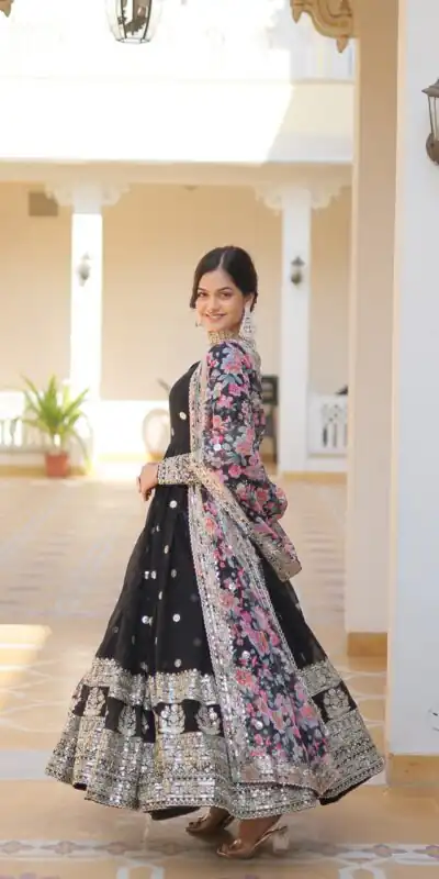 KA 1078 Black Faux Georgette Gown Perfect for Wedding, Party, Makar Sankranti, Karwa Chauth, Ethnic Day – . Now at just ₹3349. Delivery 4-6 Working D | Gowns, Bollywood Gowns, Creative Gowns, Designer Gowns, Embroidered Gowns, Party Wear Gowns