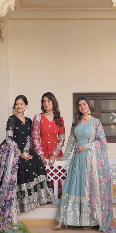 KA 1078 Black Faux Georgette Gown Perfect for Wedding, Party, Makar Sankranti, Karwa Chauth, Ethnic Day – . Now at just ₹3349. Delivery 4-6 Working D | Gowns, Bollywood Gowns, Creative Gowns, Designer Gowns, Embroidered Gowns, Party Wear Gowns